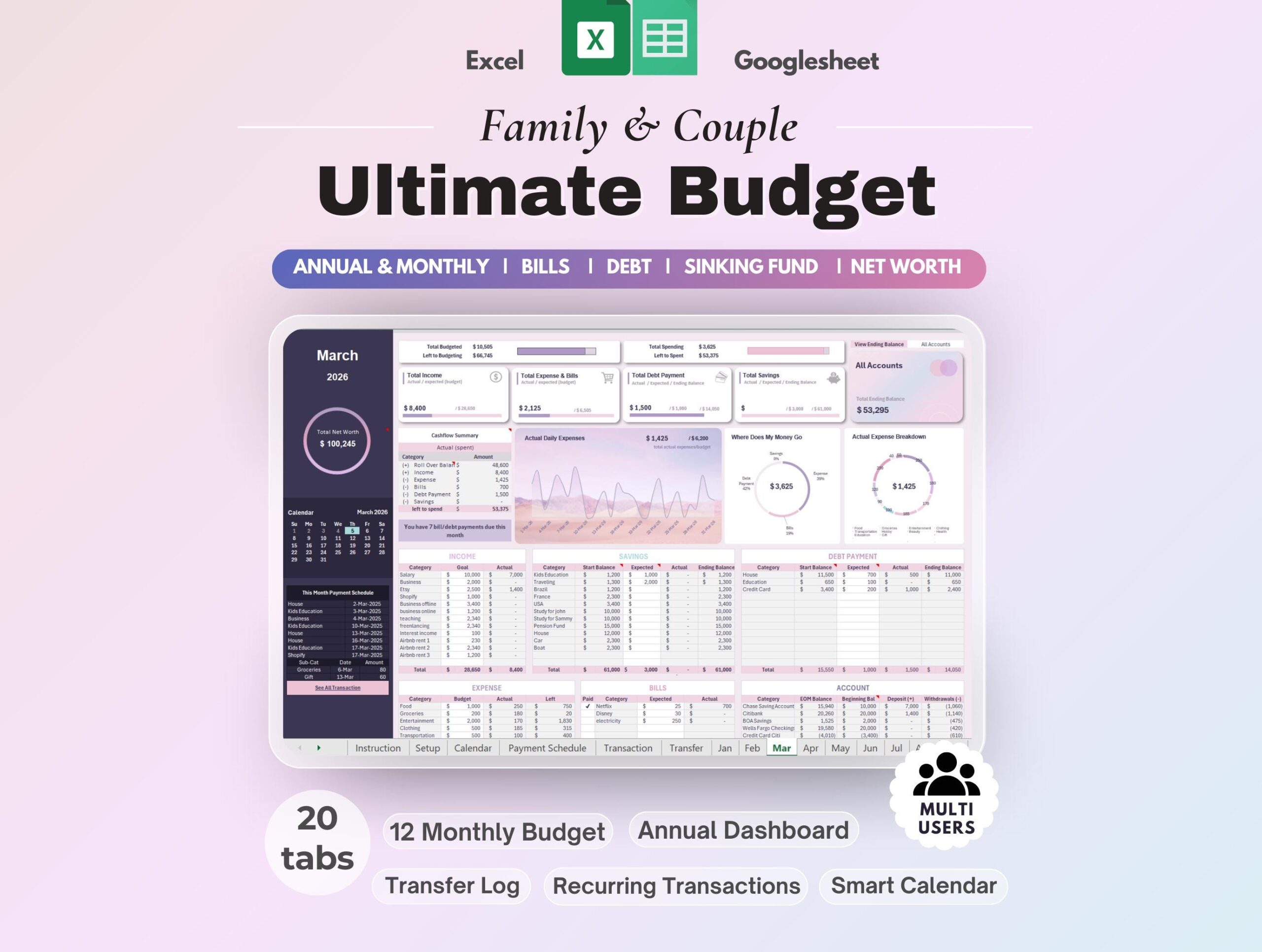 Annual Budget Spreadsheet: Income and Expense Tracker | Bill Debt Savings Planner Finance