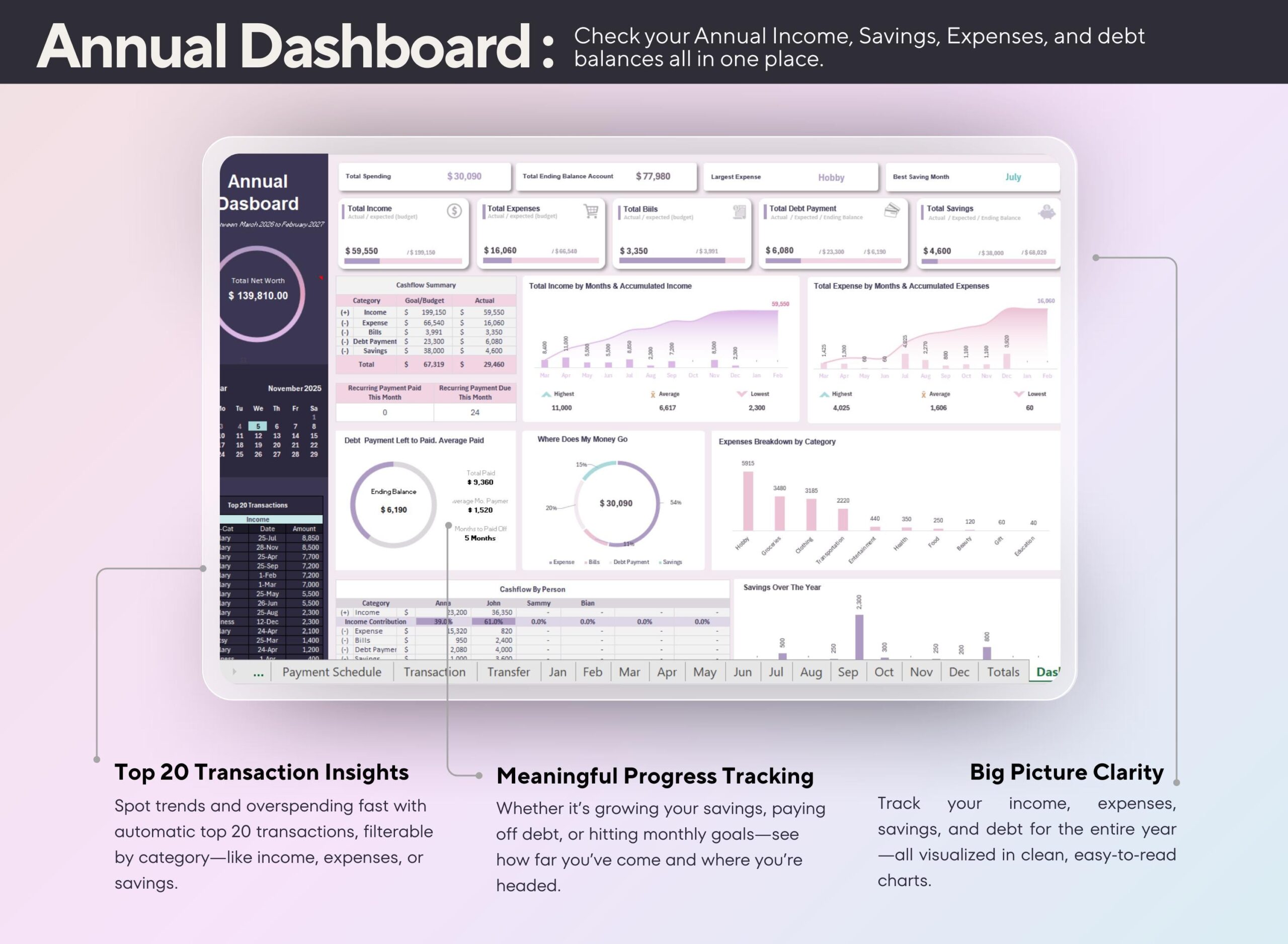 Annual Budget Spreadsheet: Income and Expense Tracker | Bill Debt Savings Planner Finance