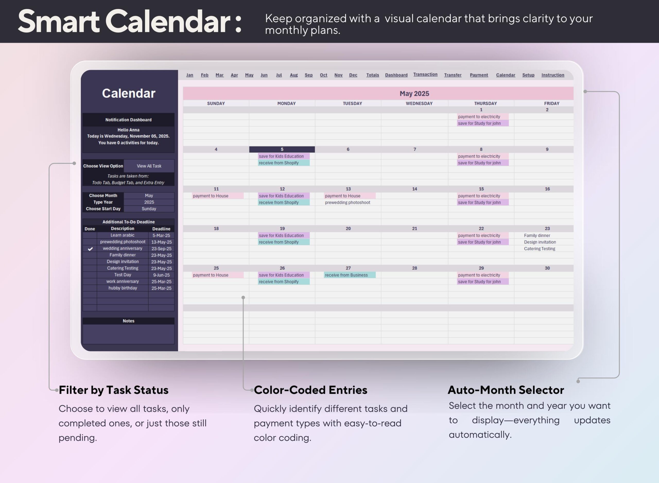 Annual Budget Spreadsheet: Income and Expense Tracker | Bill Debt Savings Planner Finance