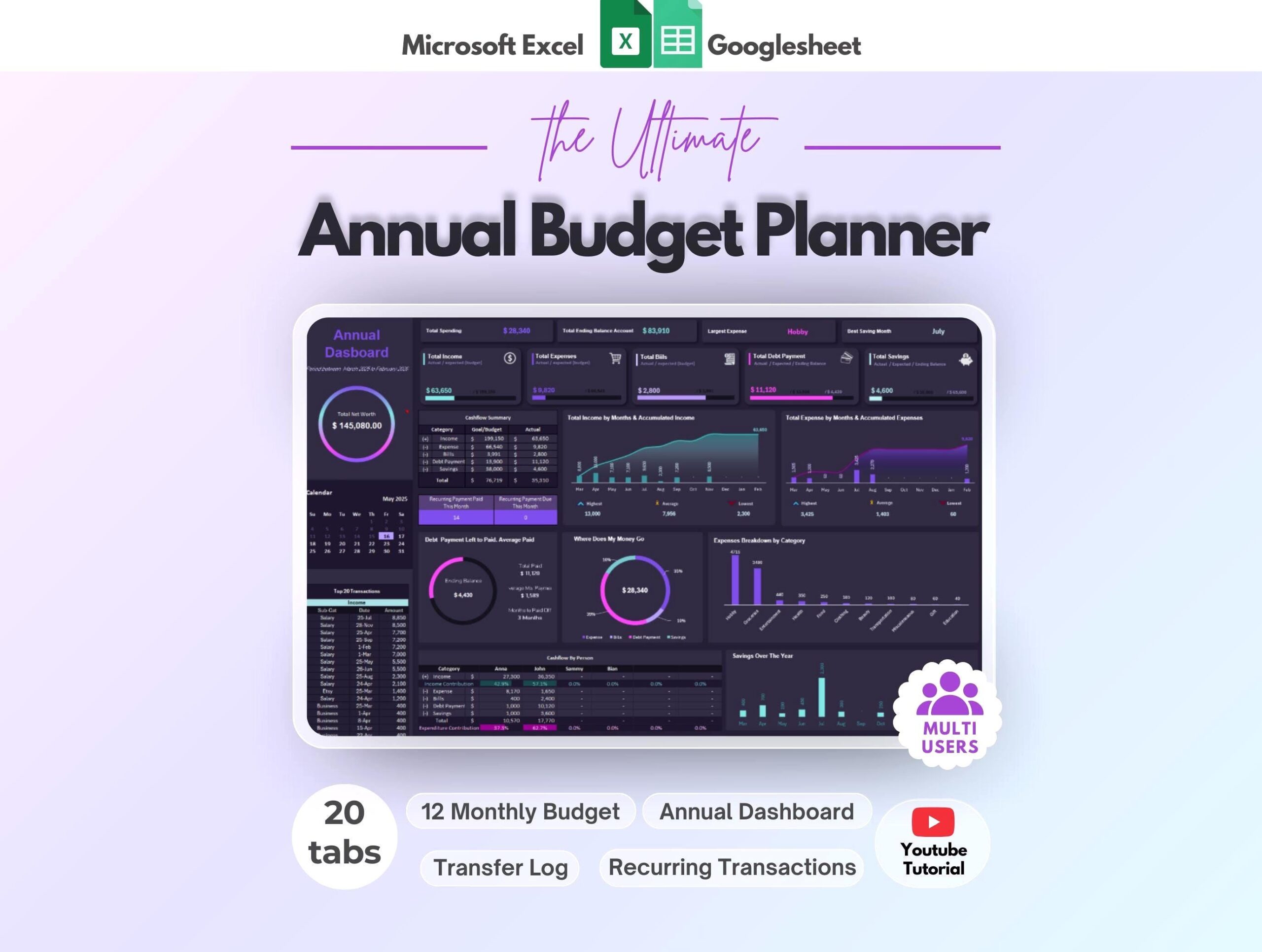 Annual Budget Planner with Income, Expense, Debt and Bills Tracker