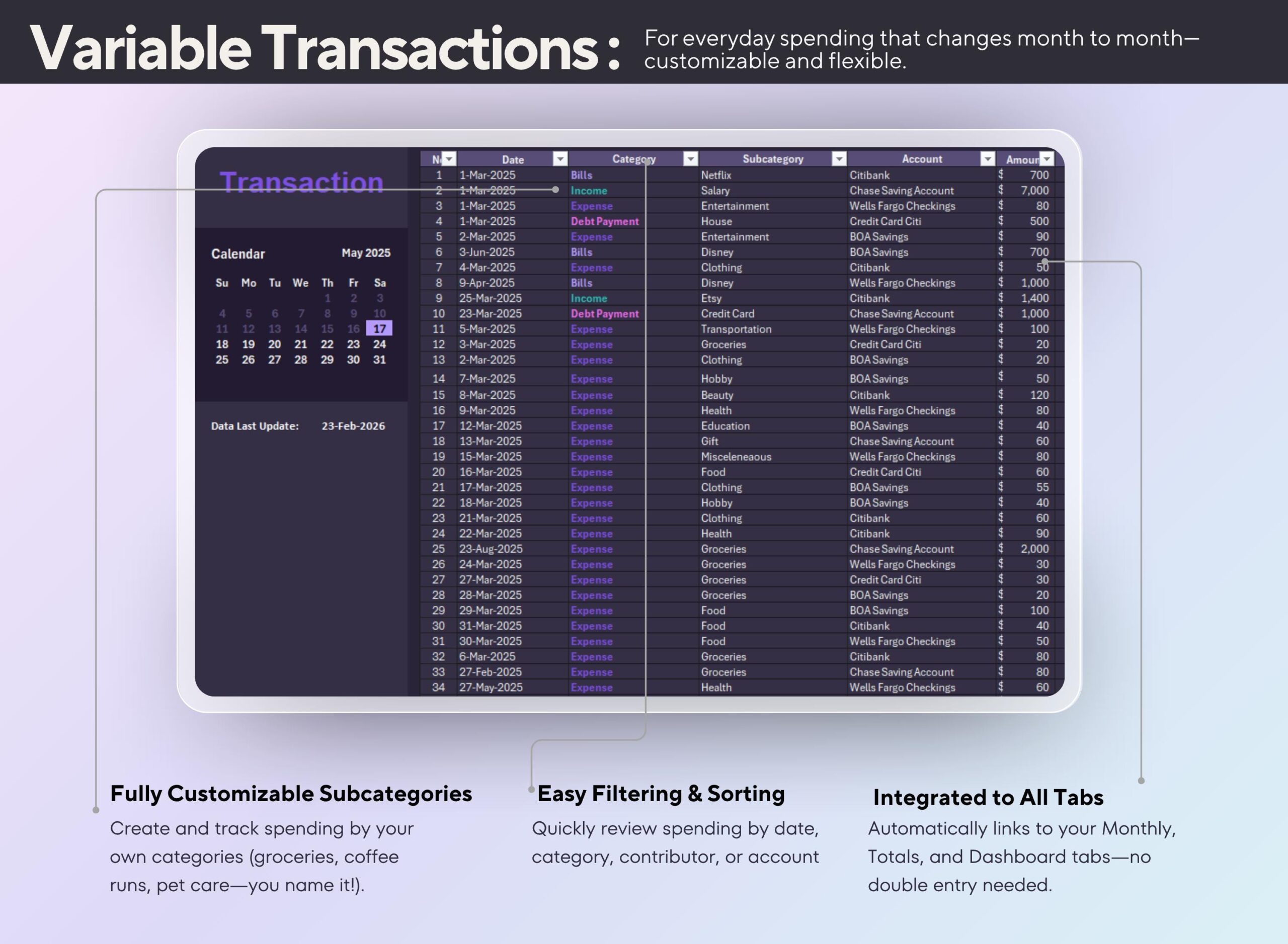 Annual Budget Planner with Income, Expense, Debt and Bills Tracker