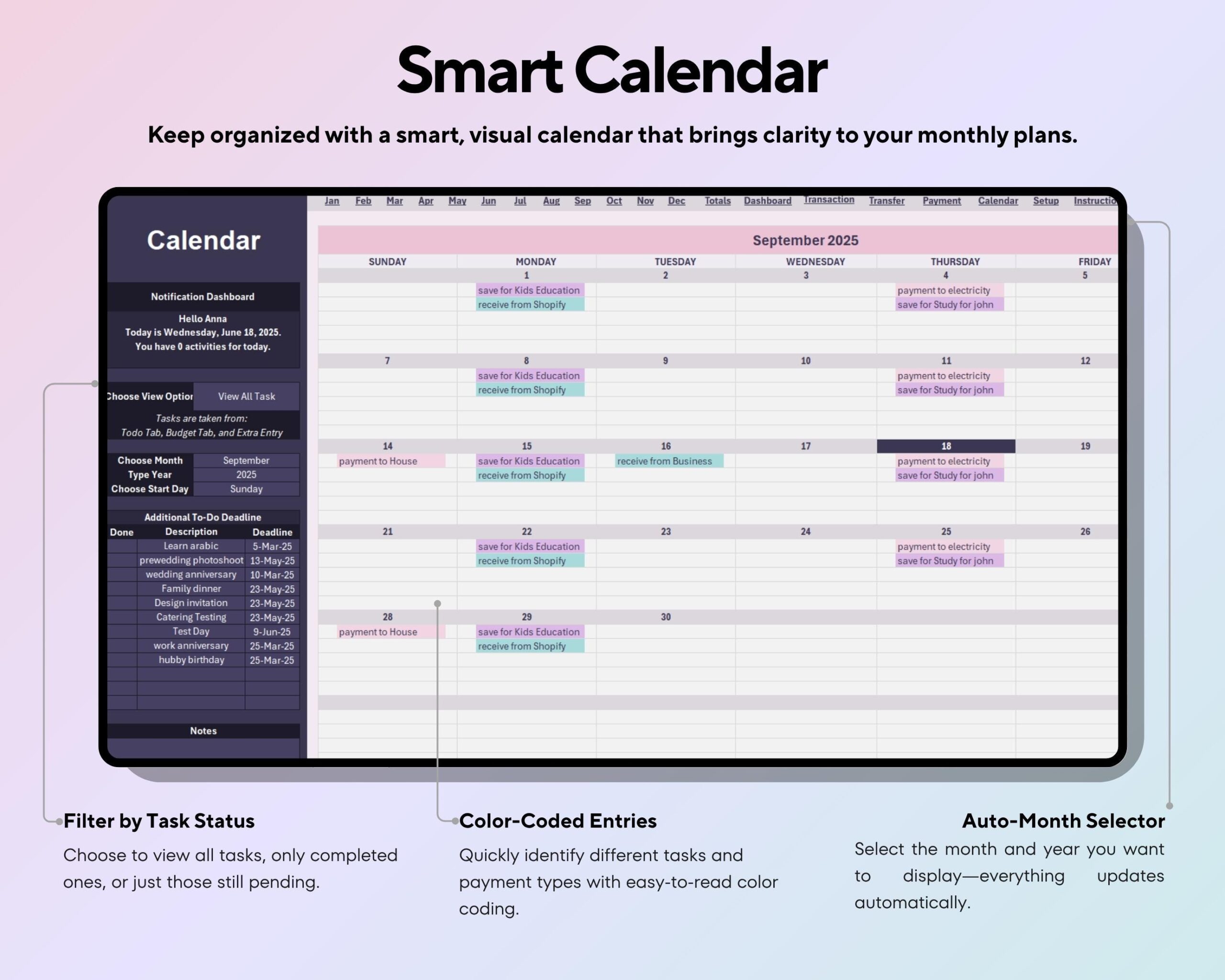 Yearly Budget Spreadsheet with Income and Expense Tracker, Debt, Bills and Savings Planner