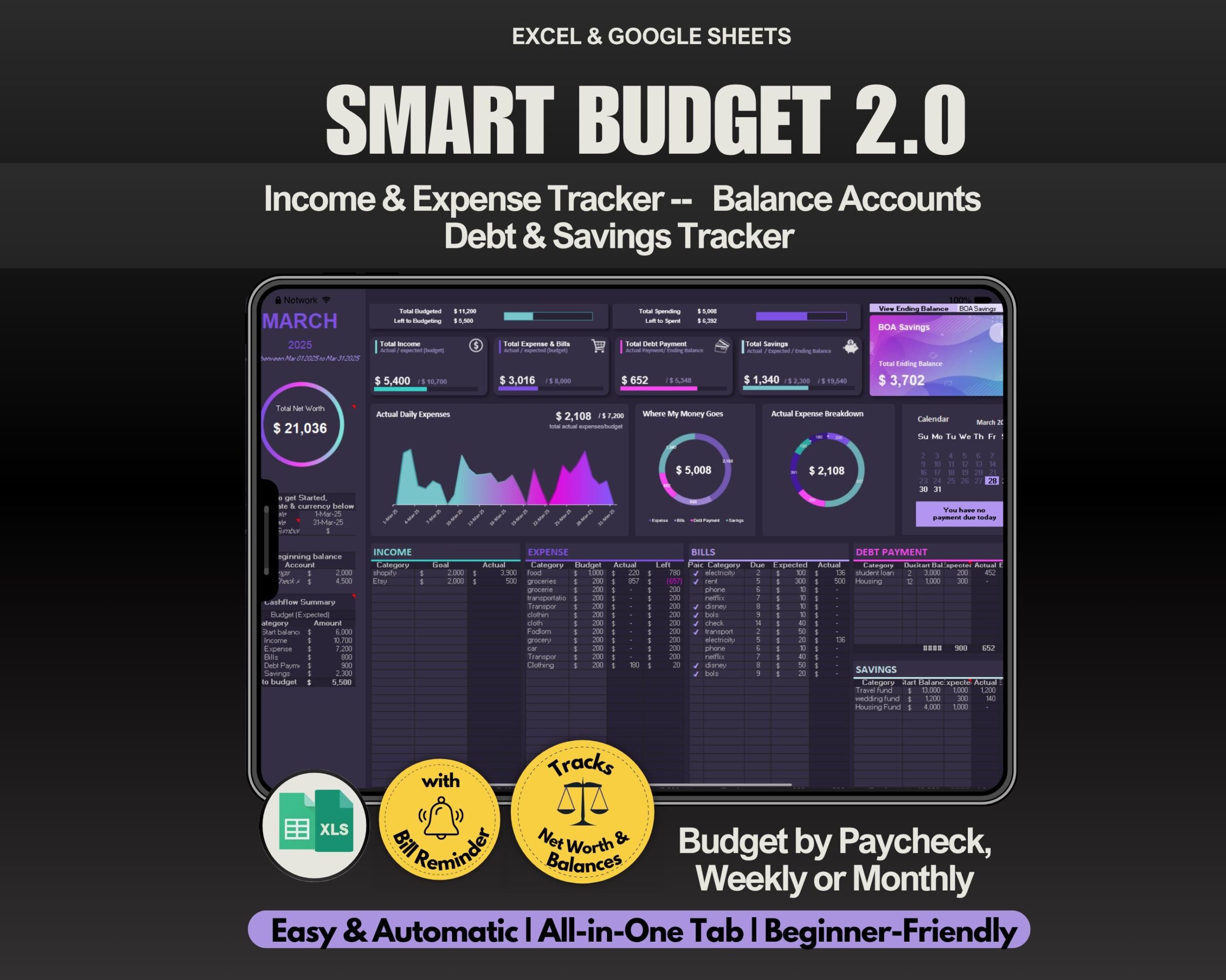 Simple Monthly Budget Spreadsheet with Income and Expense Tracker, Bills and Savings Budget Planner