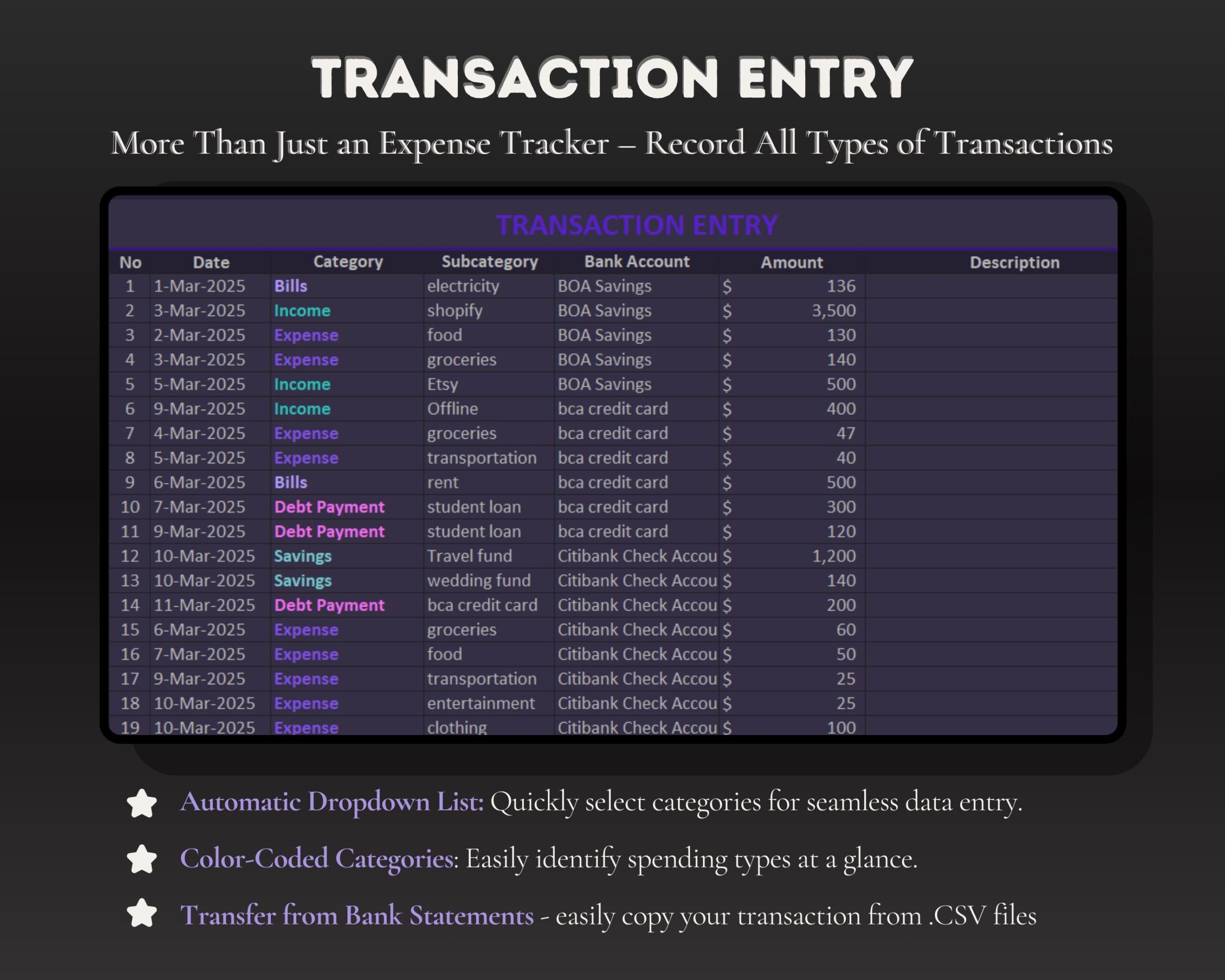 Simple Monthly Budget Spreadsheet with Income and Expense Tracker, Bills and Savings Budget Planner