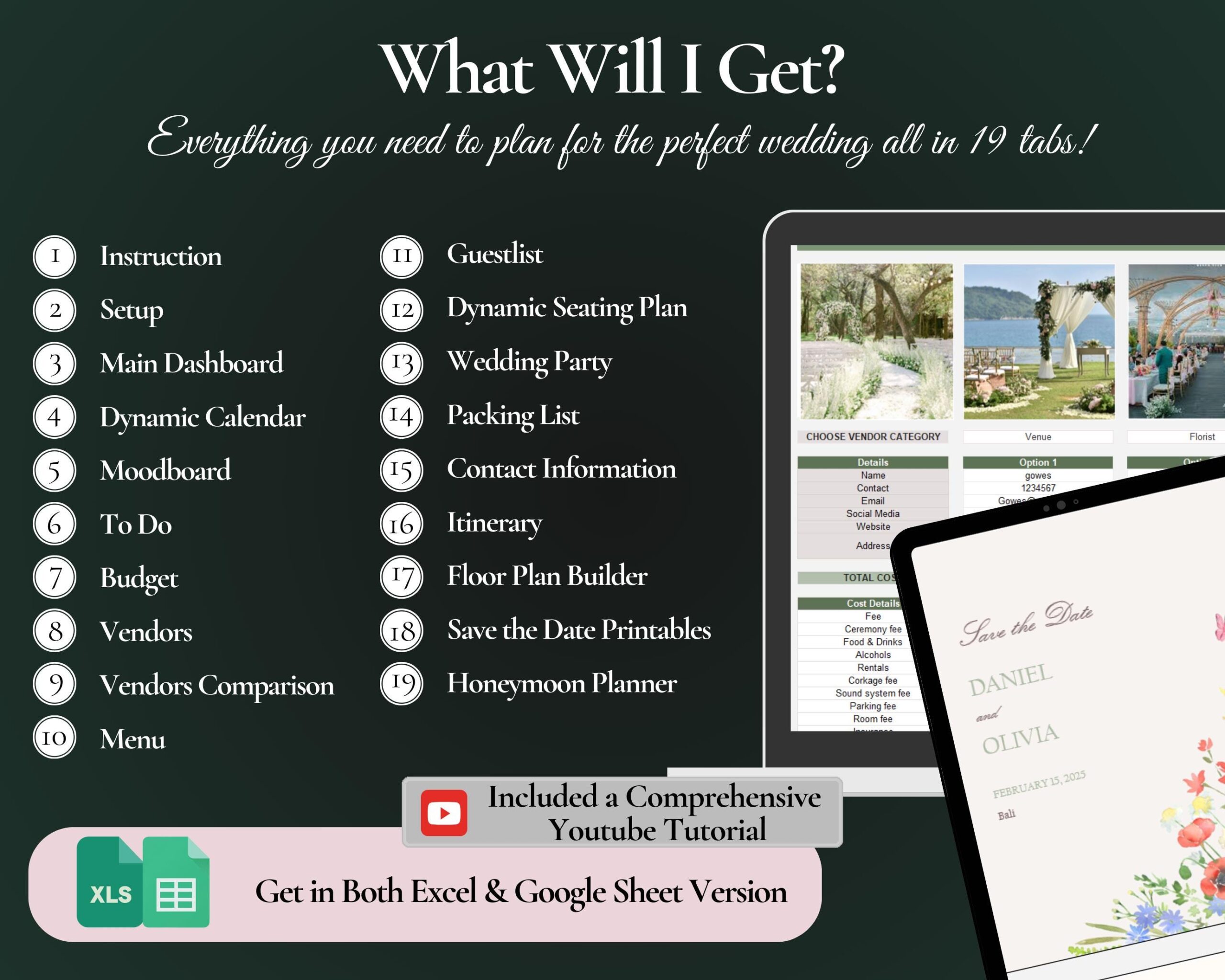 Ultimate Wedding Planner Spreadsheet with Budget, Guest List and Seating Plan