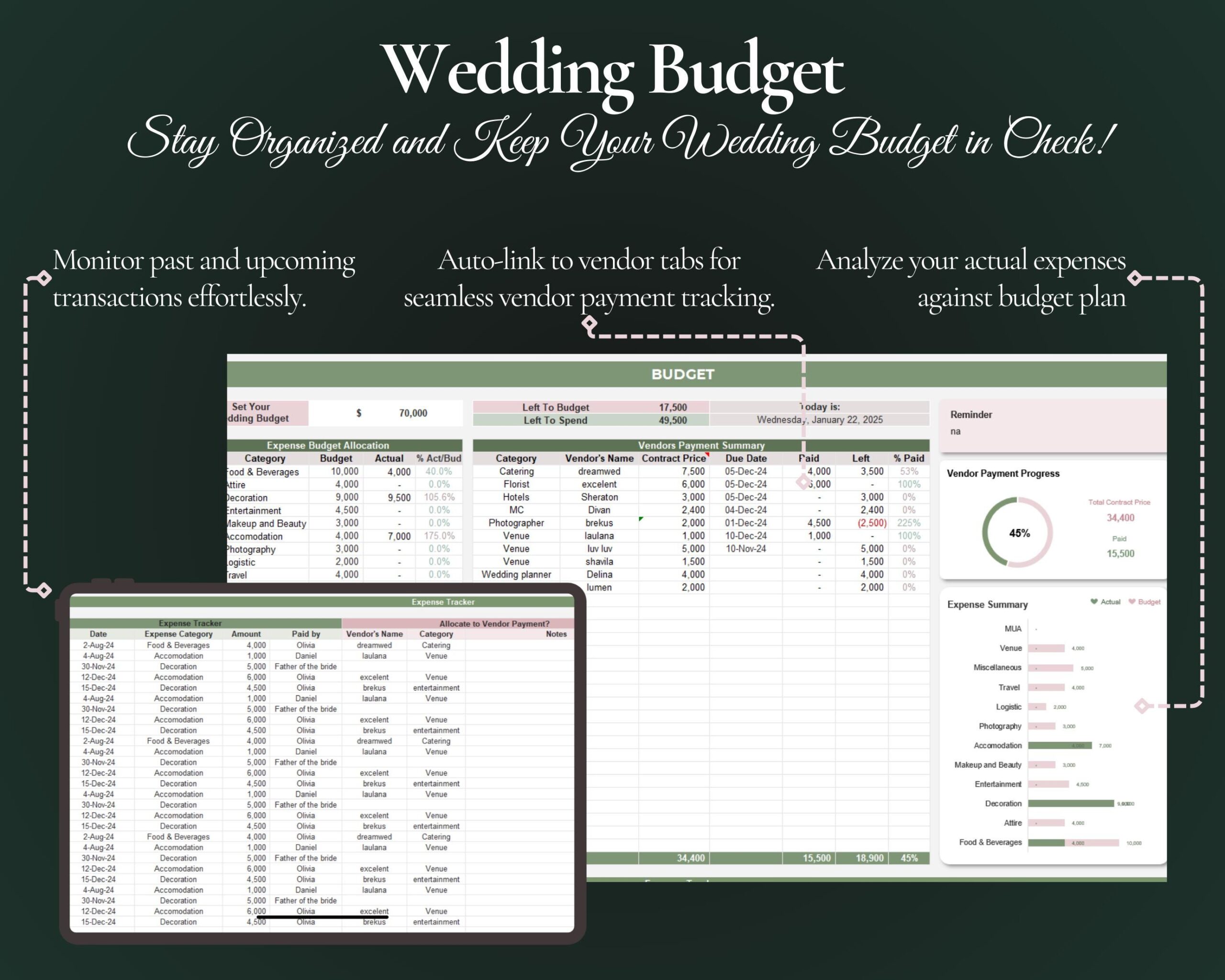 Ultimate Wedding Planner Spreadsheet with Budget, Guest List and Seating Plan