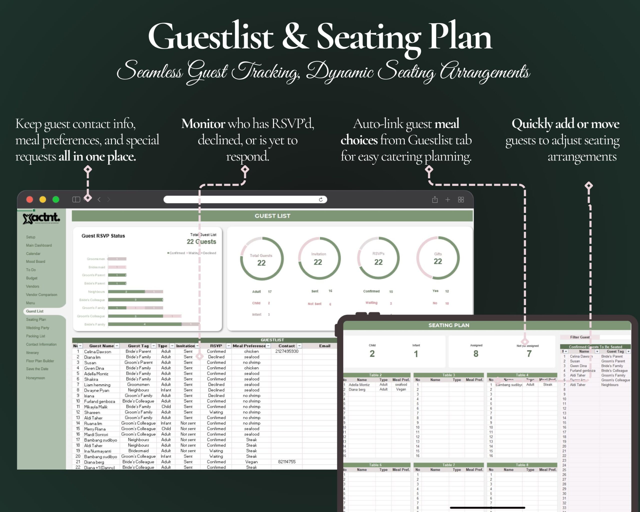 Ultimate Wedding Planner Spreadsheet with Budget, Guest List and Seating Plan