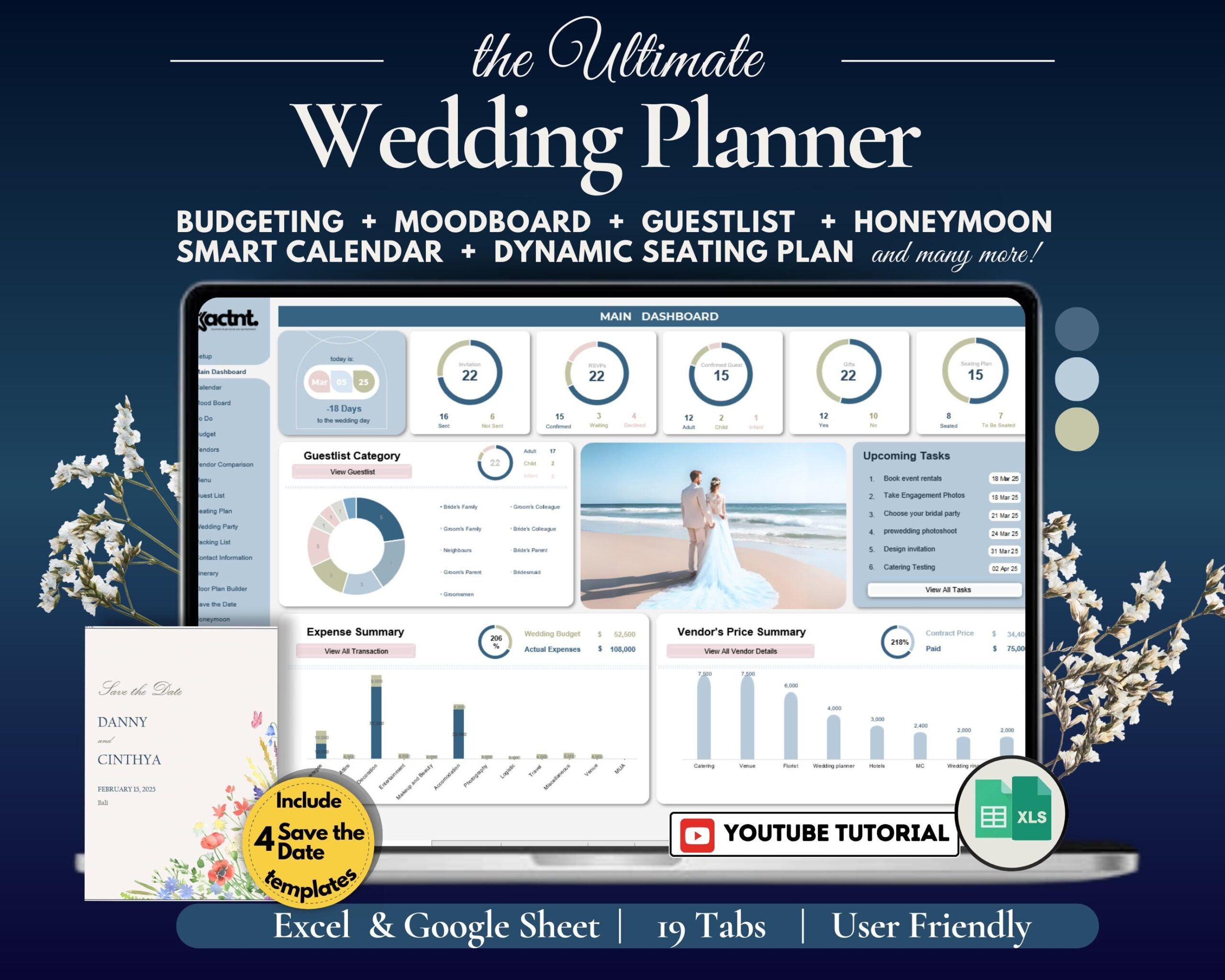 Ultimate Wedding Planner Spreadsheet with Budget, Guest List and Seating Plan