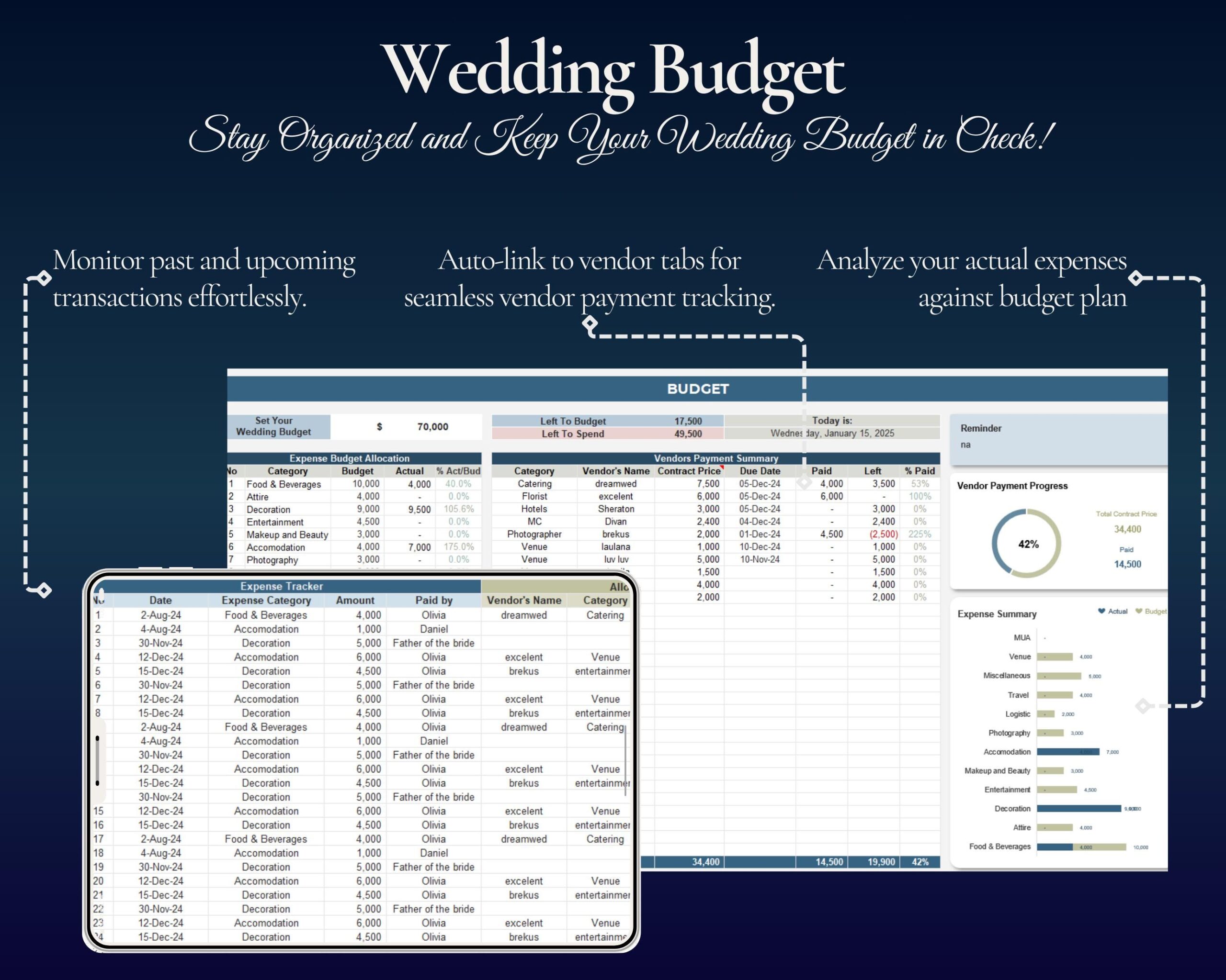 Ultimate Wedding Planner Spreadsheet with Budget, Guest List and Seating Plan