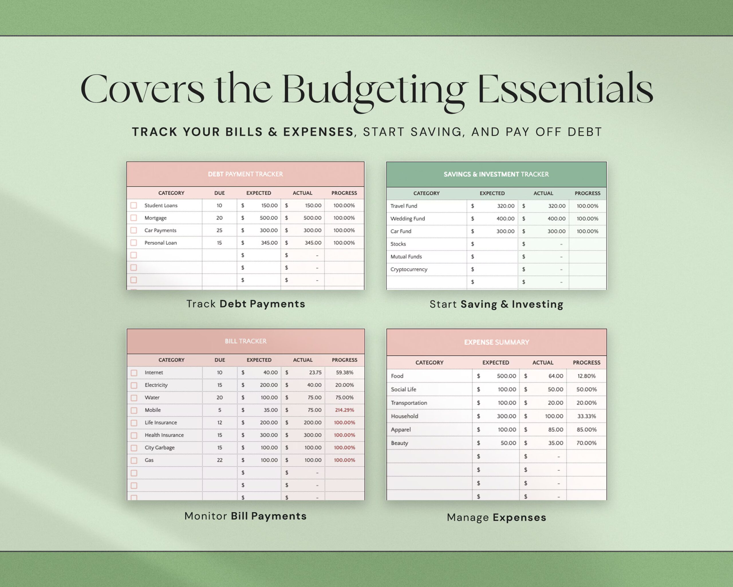 Budget Planner with Monthly Budget Spreadsheet, Weekly Paycheck Budget Template, Biweekly Budgeting and Expense Tracker