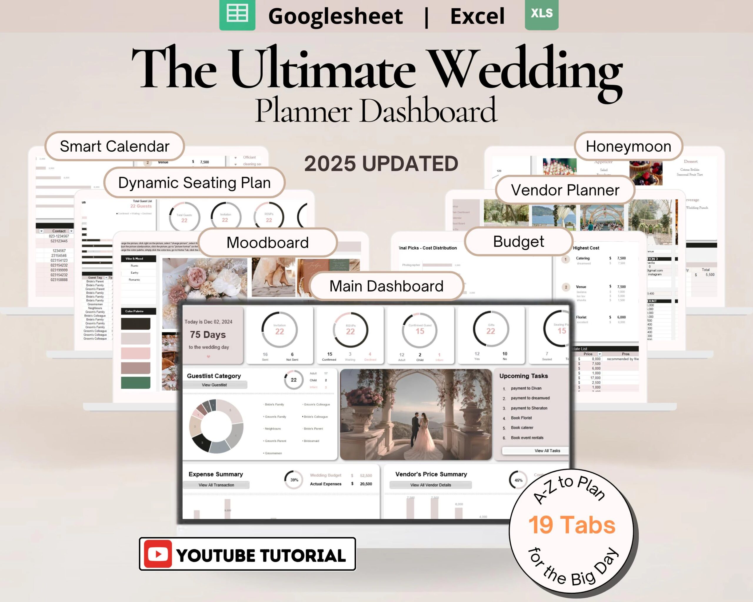 Ultimate Wedding Planner Spreadsheet with Budget, Guest List, Itinerary and Smart Calendar