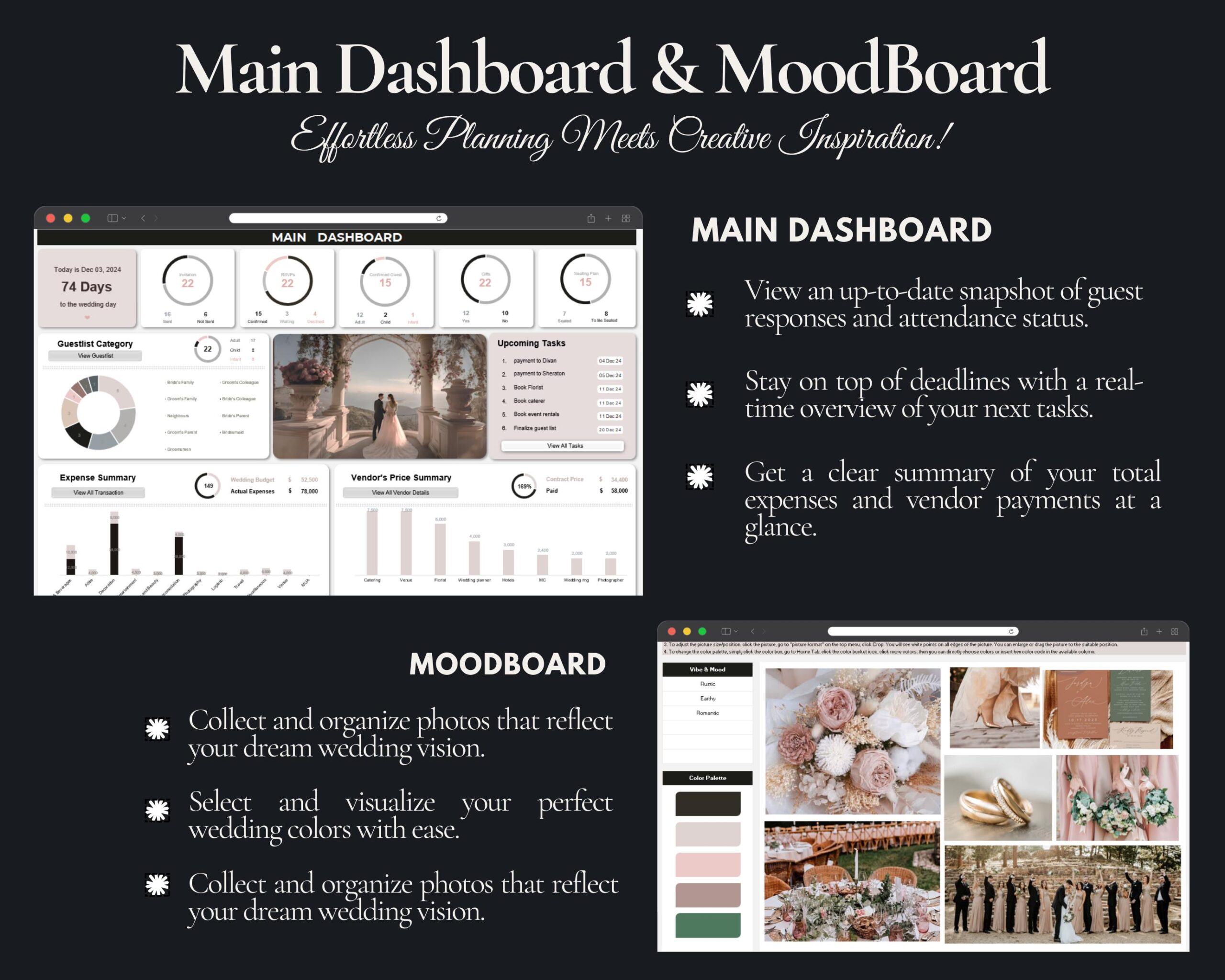 Ultimate Wedding Planner Spreadsheet with Budget, Guest List, Itinerary and Smart Calendar