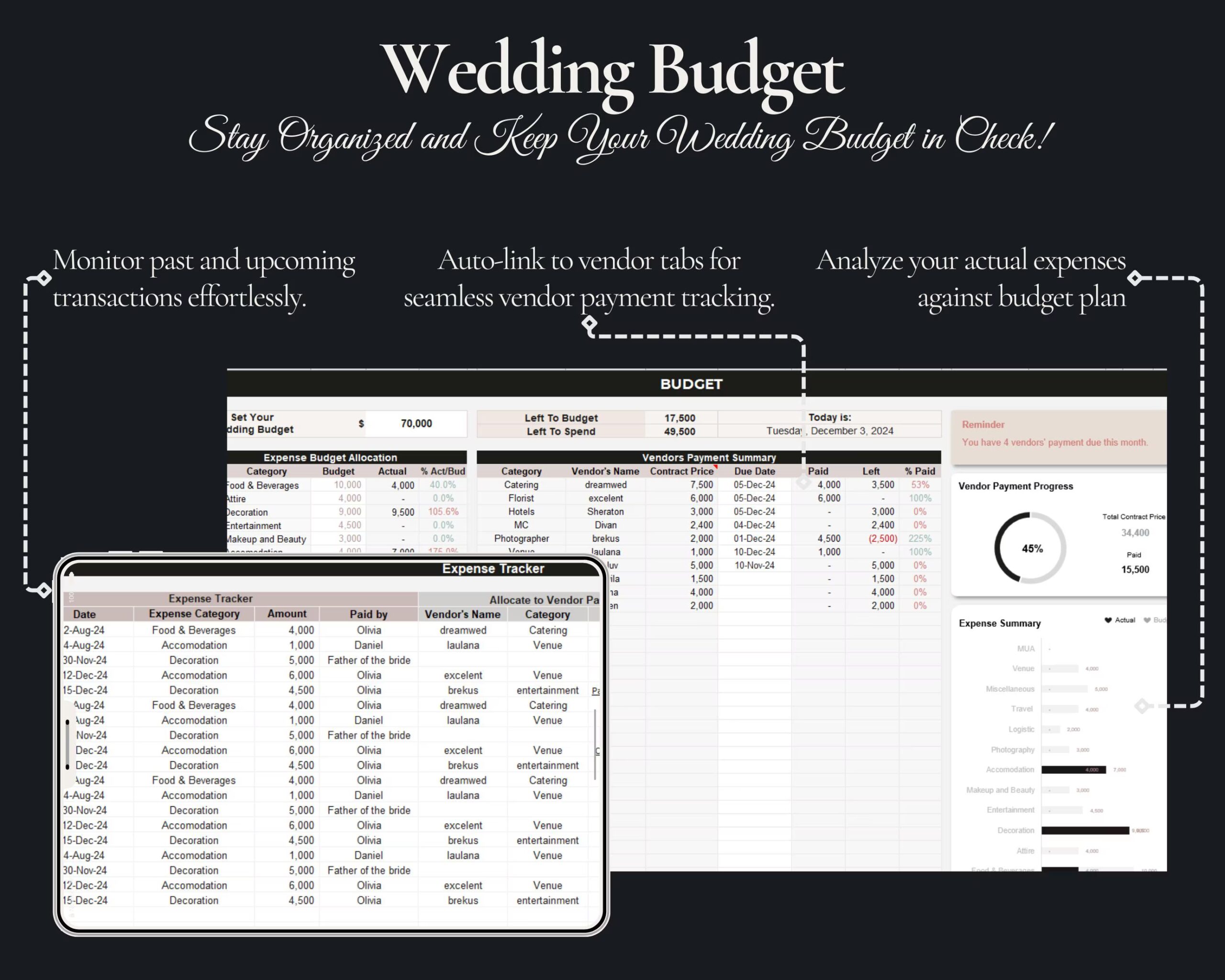 Ultimate Wedding Planner Spreadsheet with Budget, Guest List, Itinerary and Smart Calendar