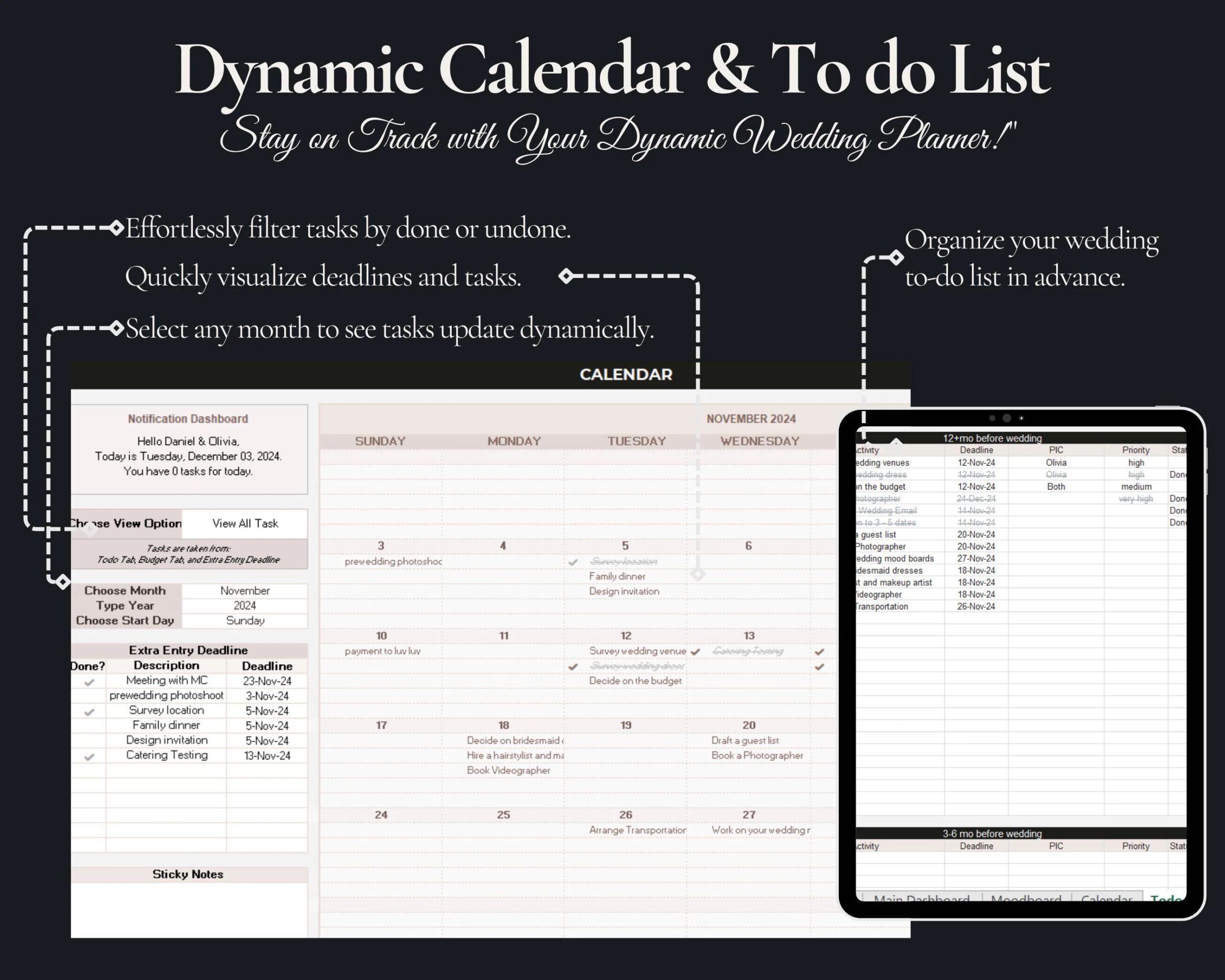 Ultimate Wedding Planner Spreadsheet with Budget, Guest List, Itinerary and Smart Calendar